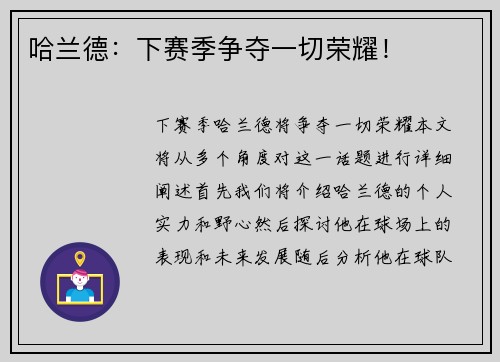 哈兰德：下赛季争夺一切荣耀！